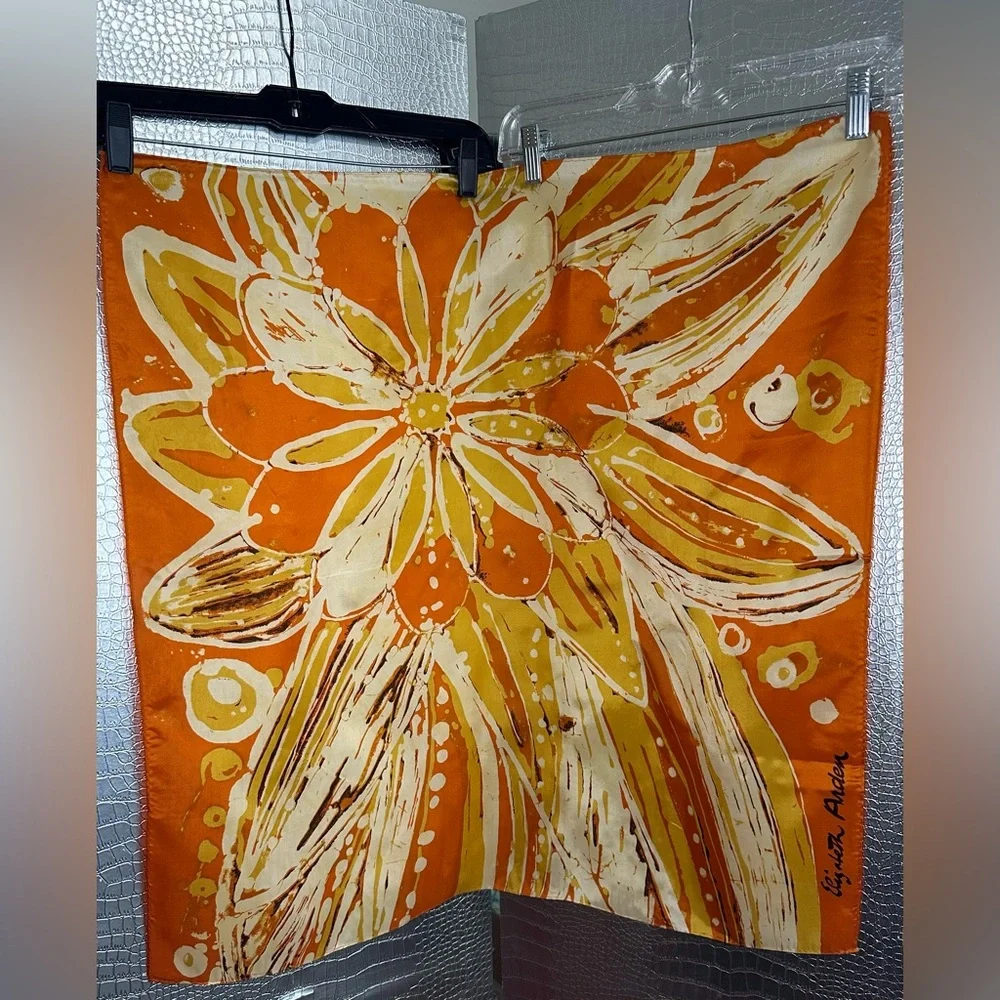 Elizabeth Arden Vintage Orange and Yellow Floral Patterned Silk Scarf